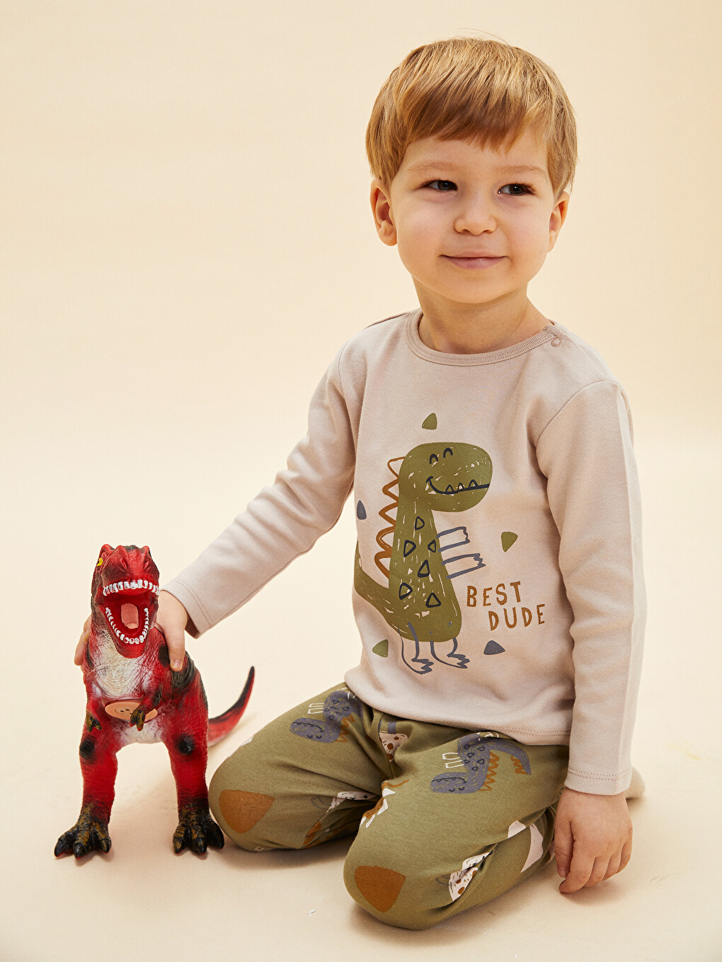 Bej Bisiklet Yaka Uzun Kollu Baskılı Erkek Bebek Pijama Takım