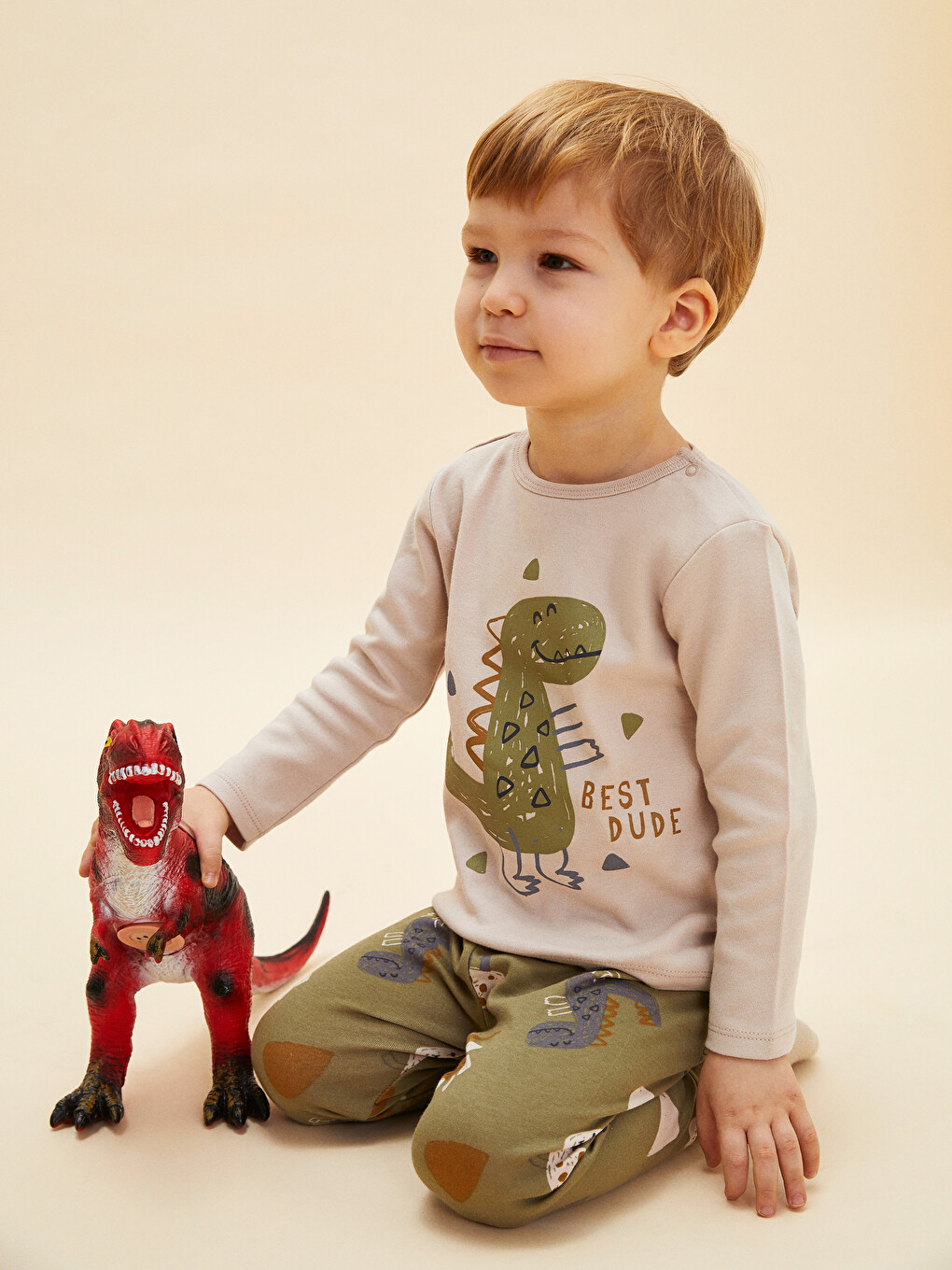 Bej Bisiklet Yaka Uzun Kollu Baskılı Erkek Bebek Pijama Takım-1