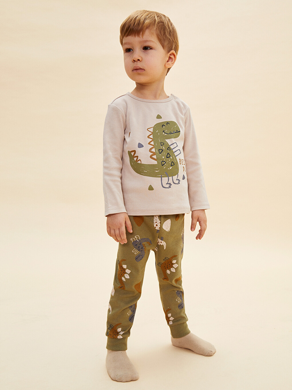 Bej Bisiklet Yaka Uzun Kollu Baskılı Erkek Bebek Pijama Takım-2