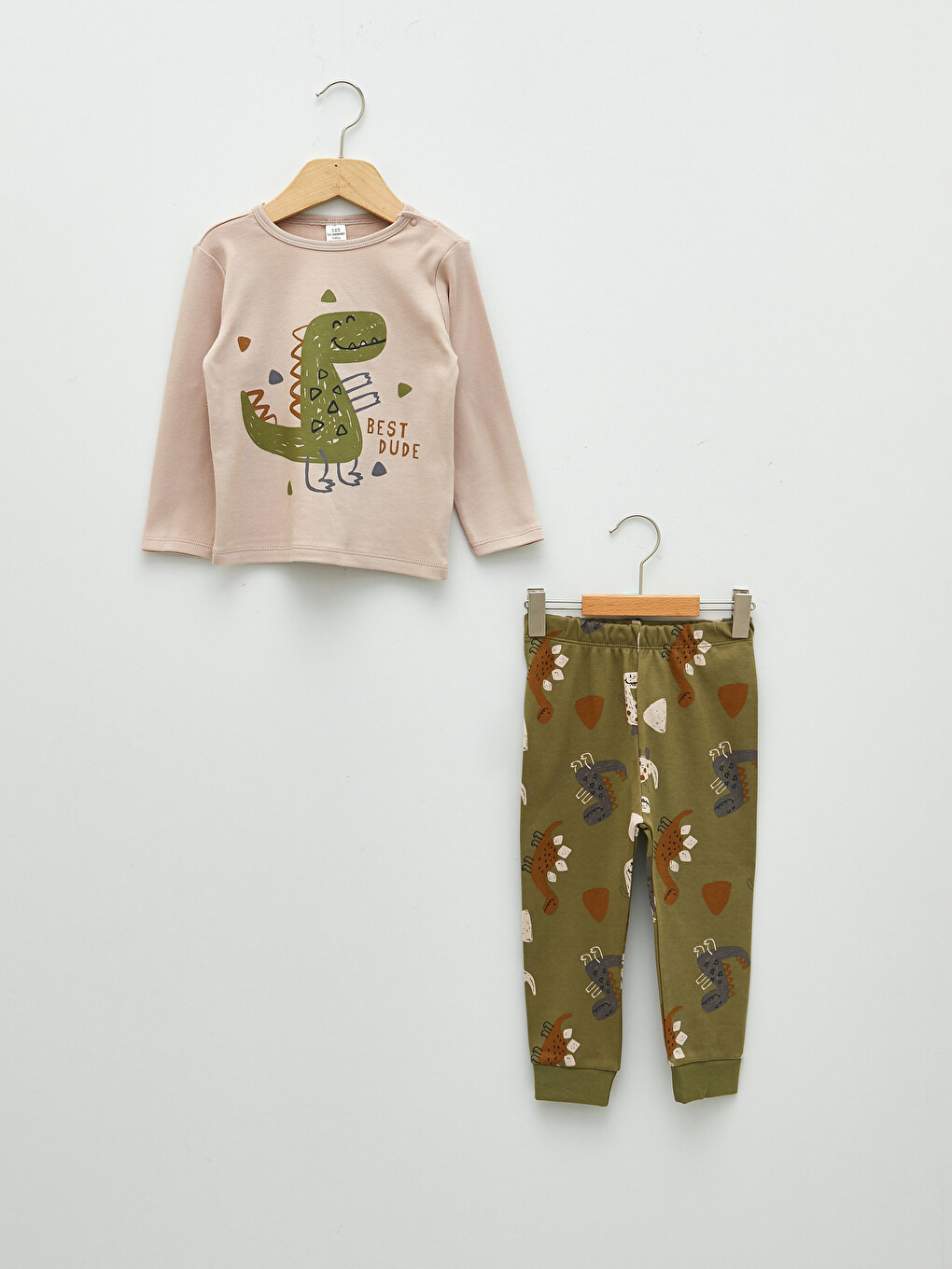 Bej Bisiklet Yaka Uzun Kollu Baskılı Erkek Bebek Pijama Takım-3