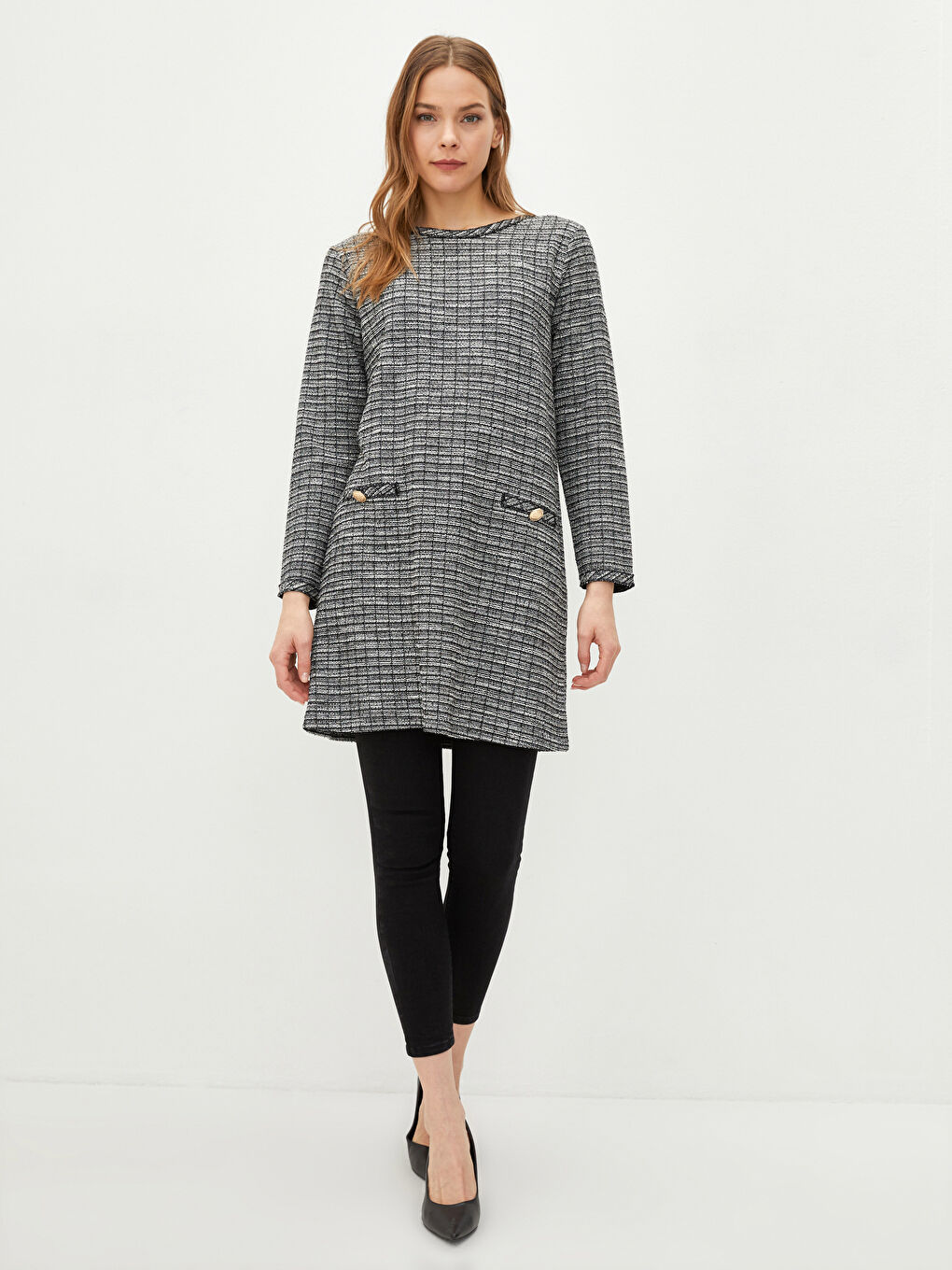 Crew Neck Plaid Patterned Long Sleeve Women's Tunic-1