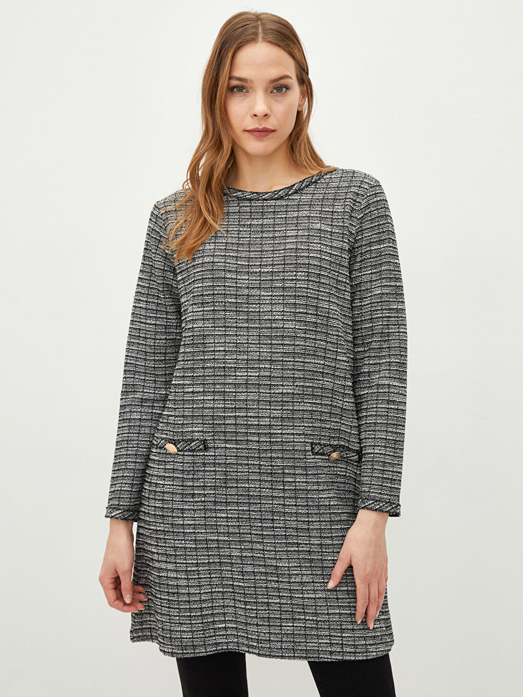 Crew Neck Plaid Patterned Long Sleeve Women's Tunic-2