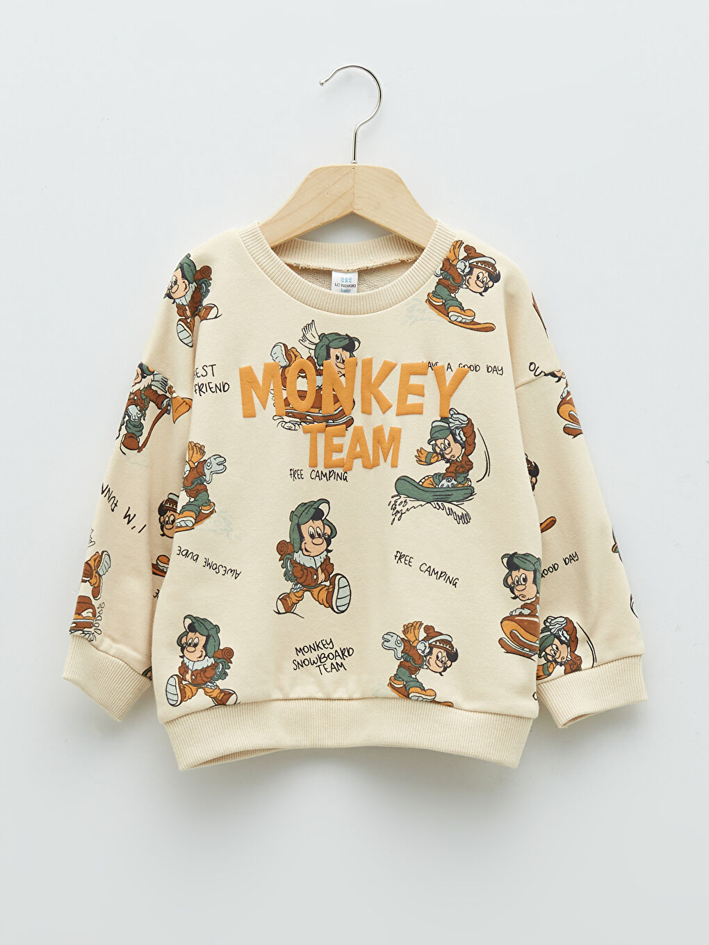 LCW baby Bej Bisiklet Yaka Uzun Kollu Nostaljik Maymun Baskılı Erkek Bebek Sweatshirt - 5