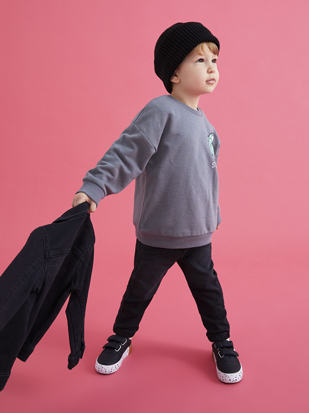 Gri Bisiklet Yaka Uzun Kollu Nostaljik Maymun Baskılı Erkek Bebek Sweatshirt-4