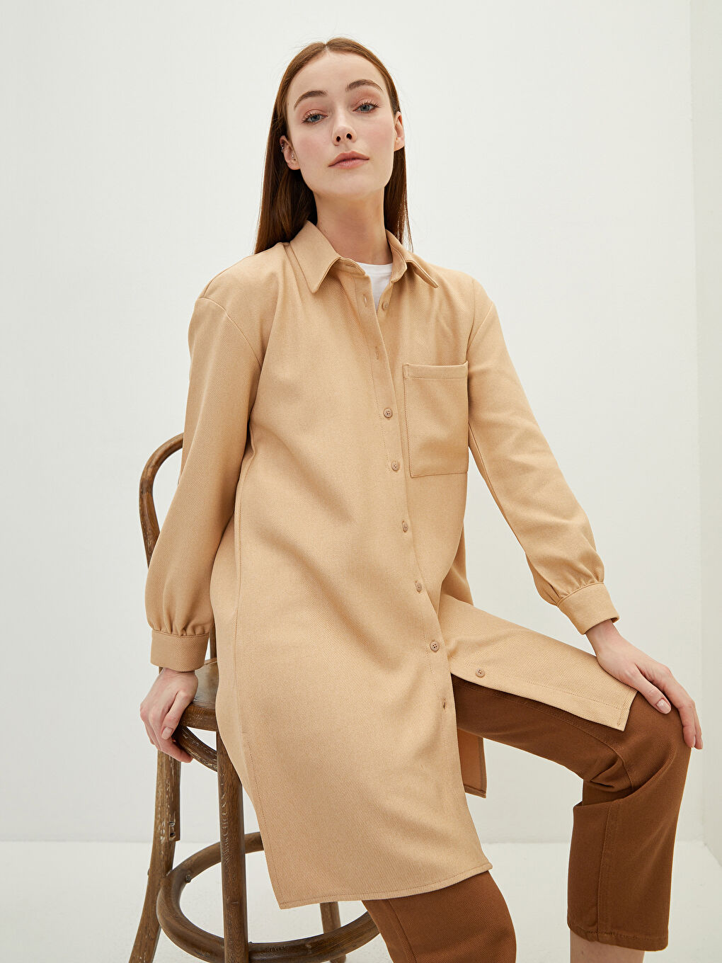 Plain Long Sleeve Gabardine Oversize Women's Shirt Tunic