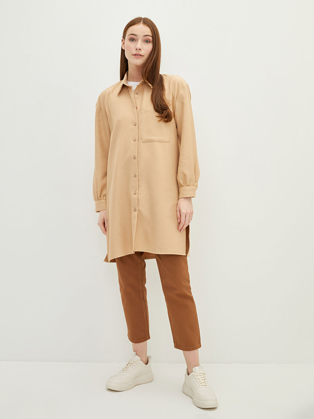 Plain Long Sleeve Gabardine Oversize Women's Shirt Tunic-1