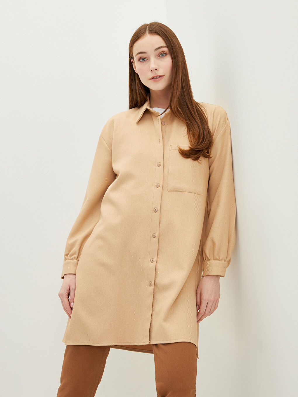 Plain Long Sleeve Gabardine Oversize Women's Shirt Tunic-2