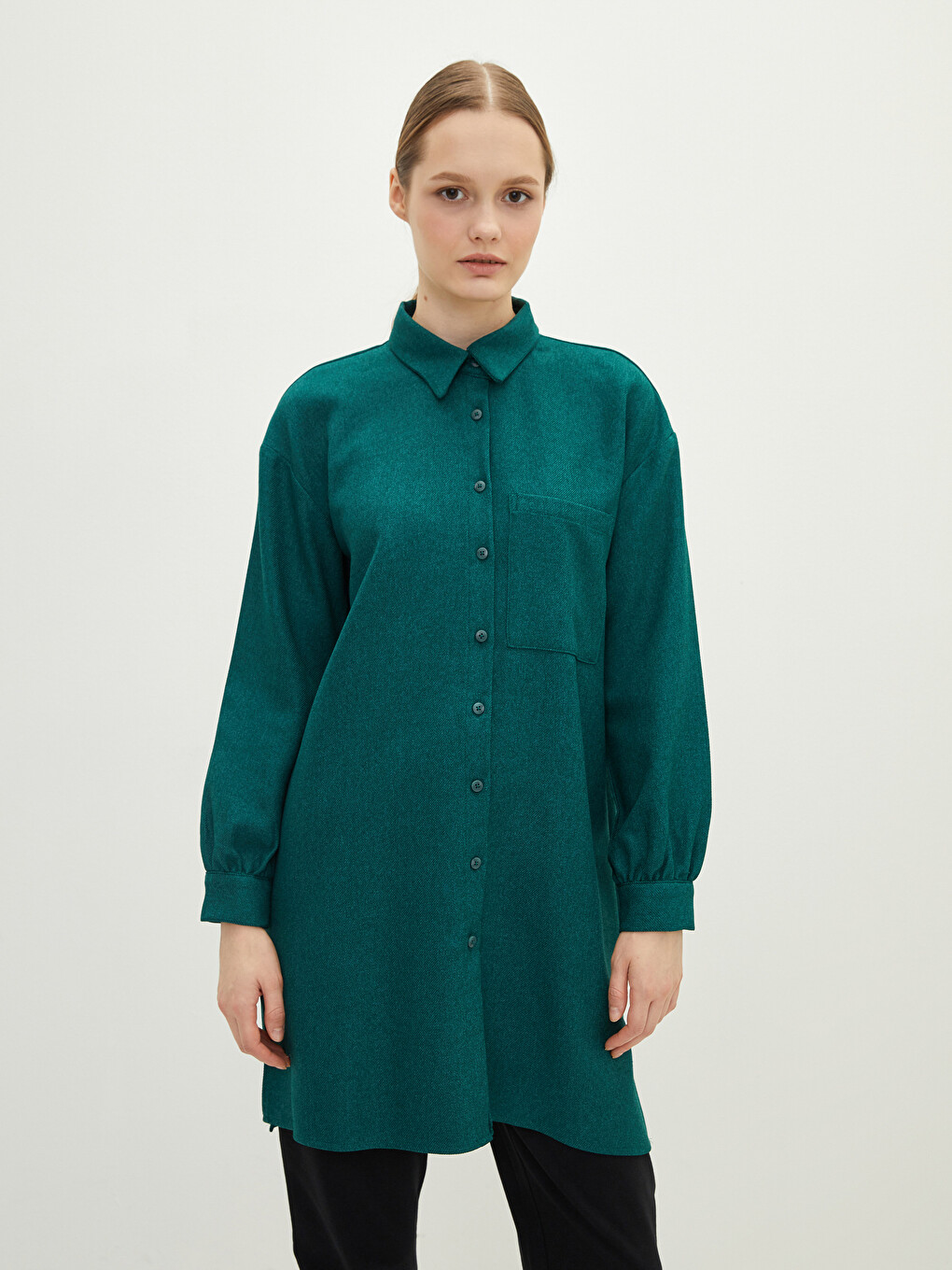 Plain Long Sleeve Gabardine Oversize Women's Shirt Tunic