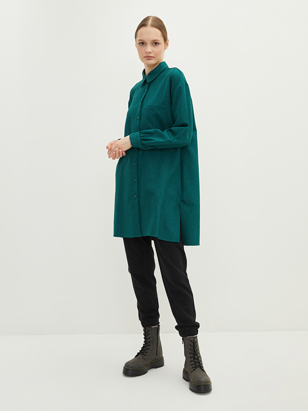 Plain Long Sleeve Gabardine Oversize Women's Shirt Tunic-1