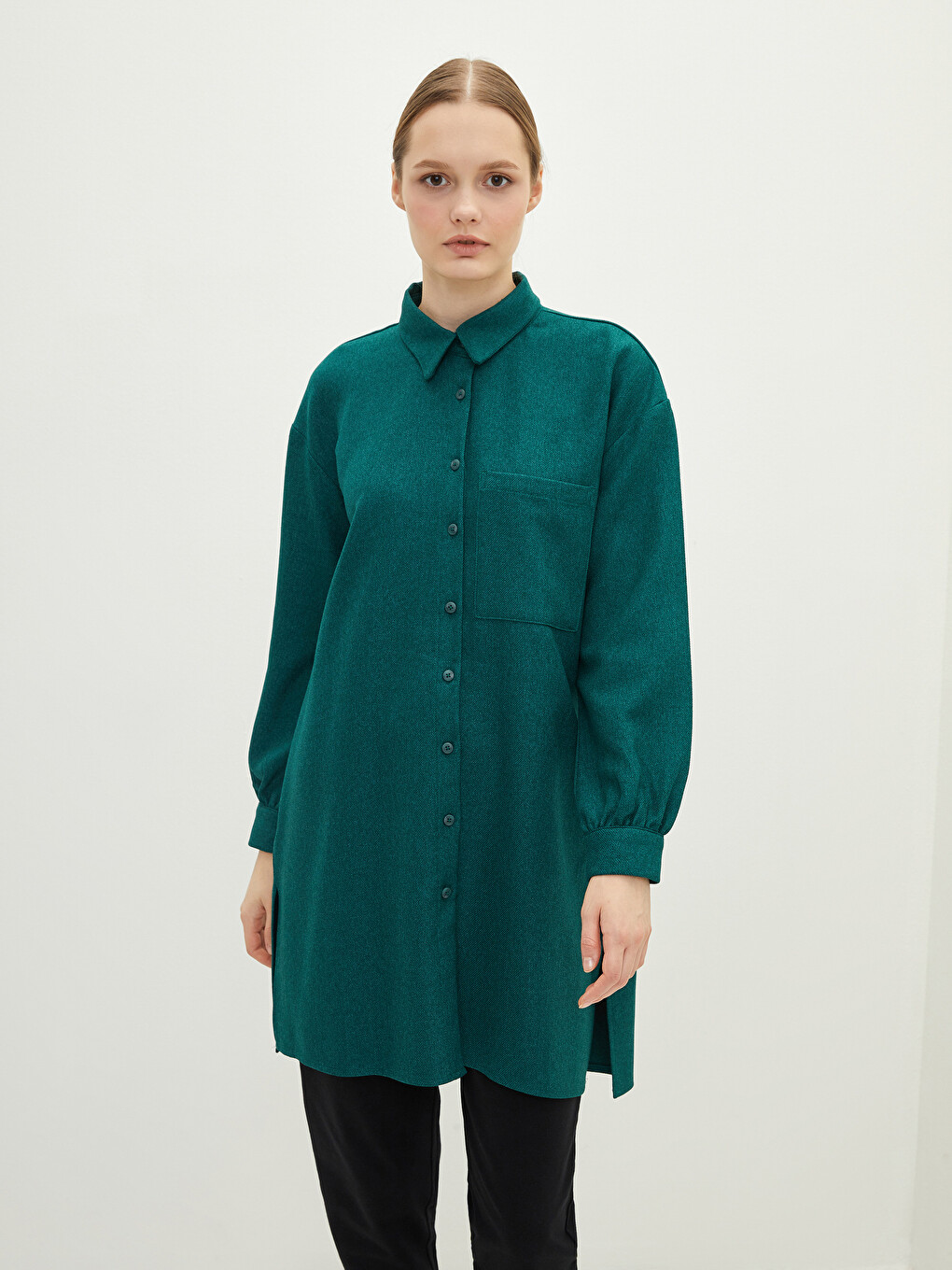 Plain Long Sleeve Gabardine Oversize Women's Shirt Tunic-2