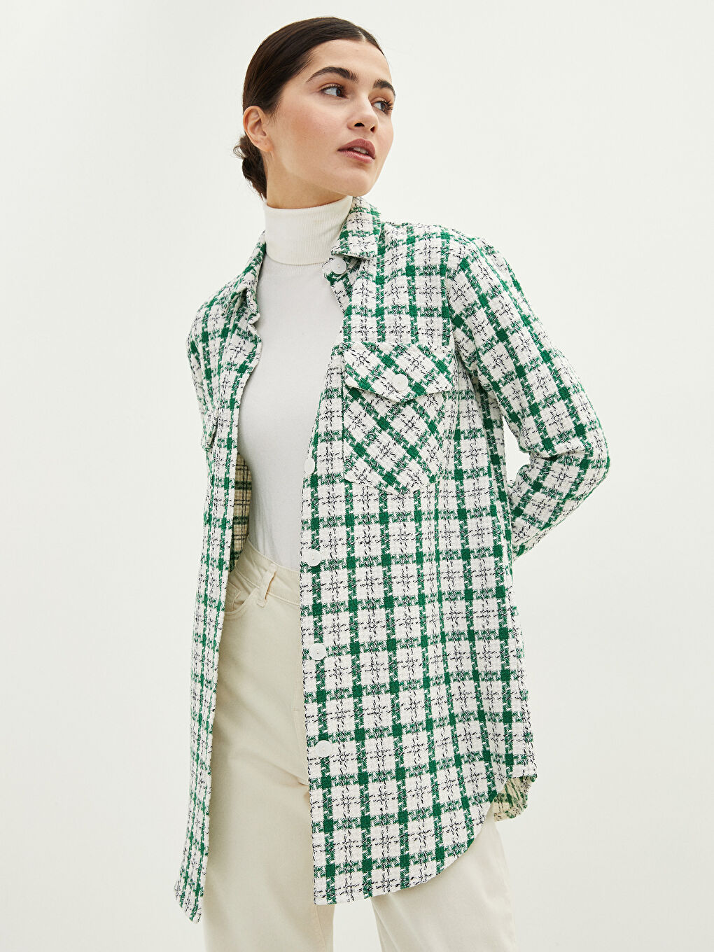 تونيك للسيدات بياقة قميص كاروهات كم طويل بتفاصيل جيب