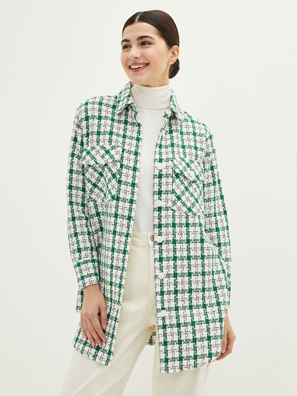 تونيك للسيدات بياقة قميص كاروهات كم طويل بتفاصيل جيب-1