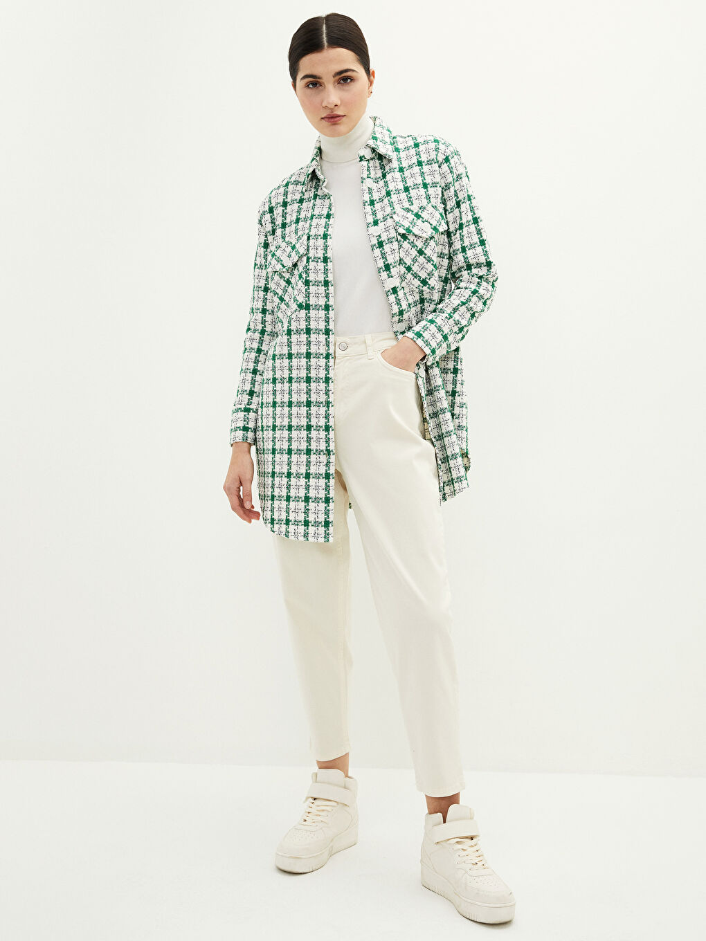 تونيك للسيدات بياقة قميص كاروهات كم طويل بتفاصيل جيب-2