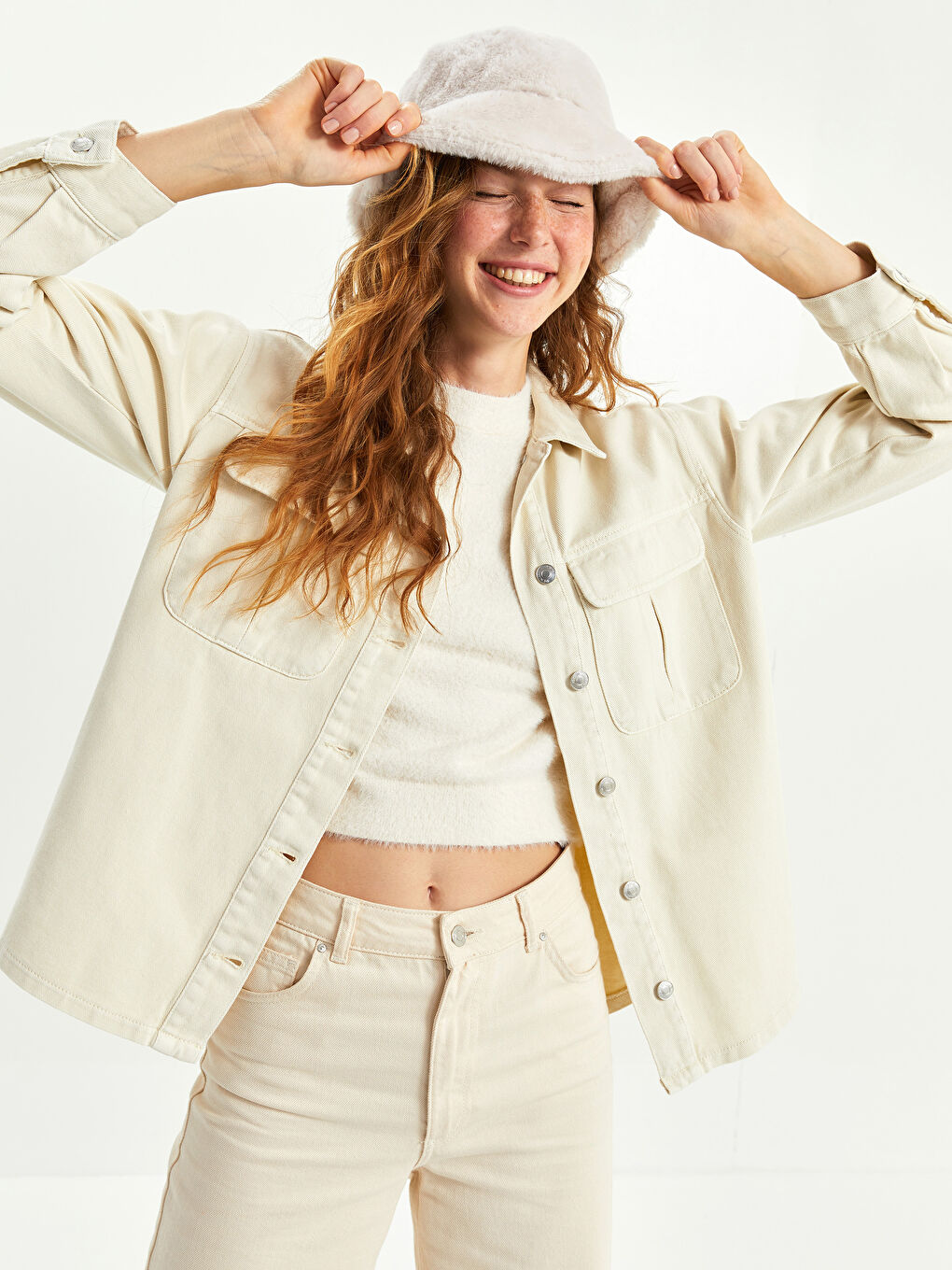 Front Button Closure Plain Long Sleeve Gabardine Fabric Women's Shirt Jacket