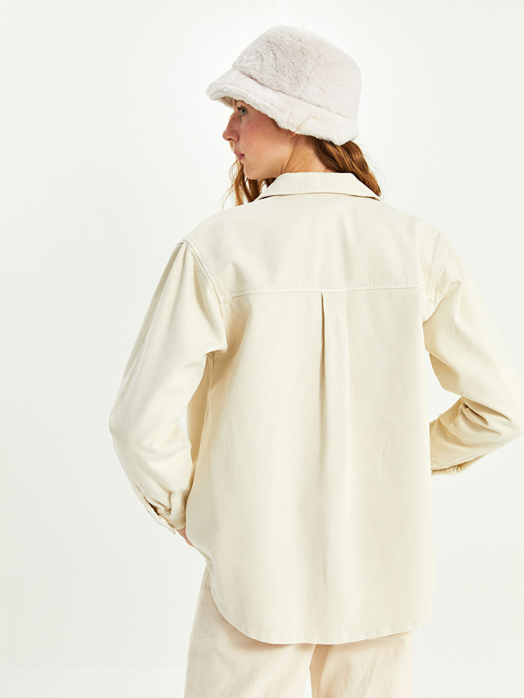 Front Button Closure Plain Long Sleeve Gabardine Fabric Women's Shirt Jacket-4