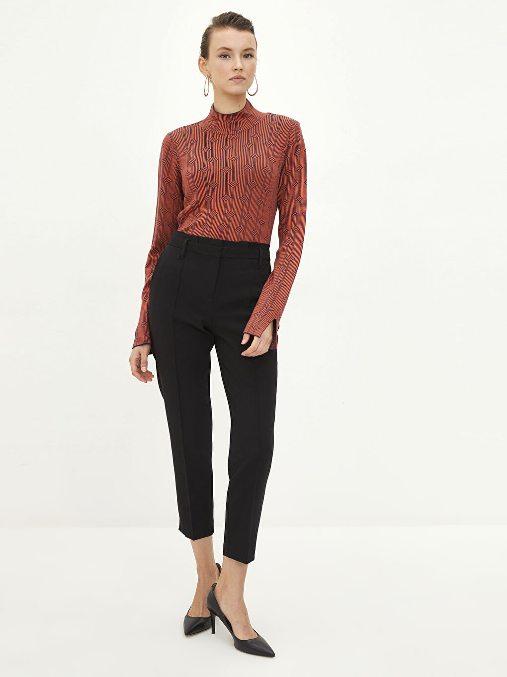 Turuncu Yarım Balıkçı Yaka Desenli Uzun Kollu Kadın Triko Kazak-2