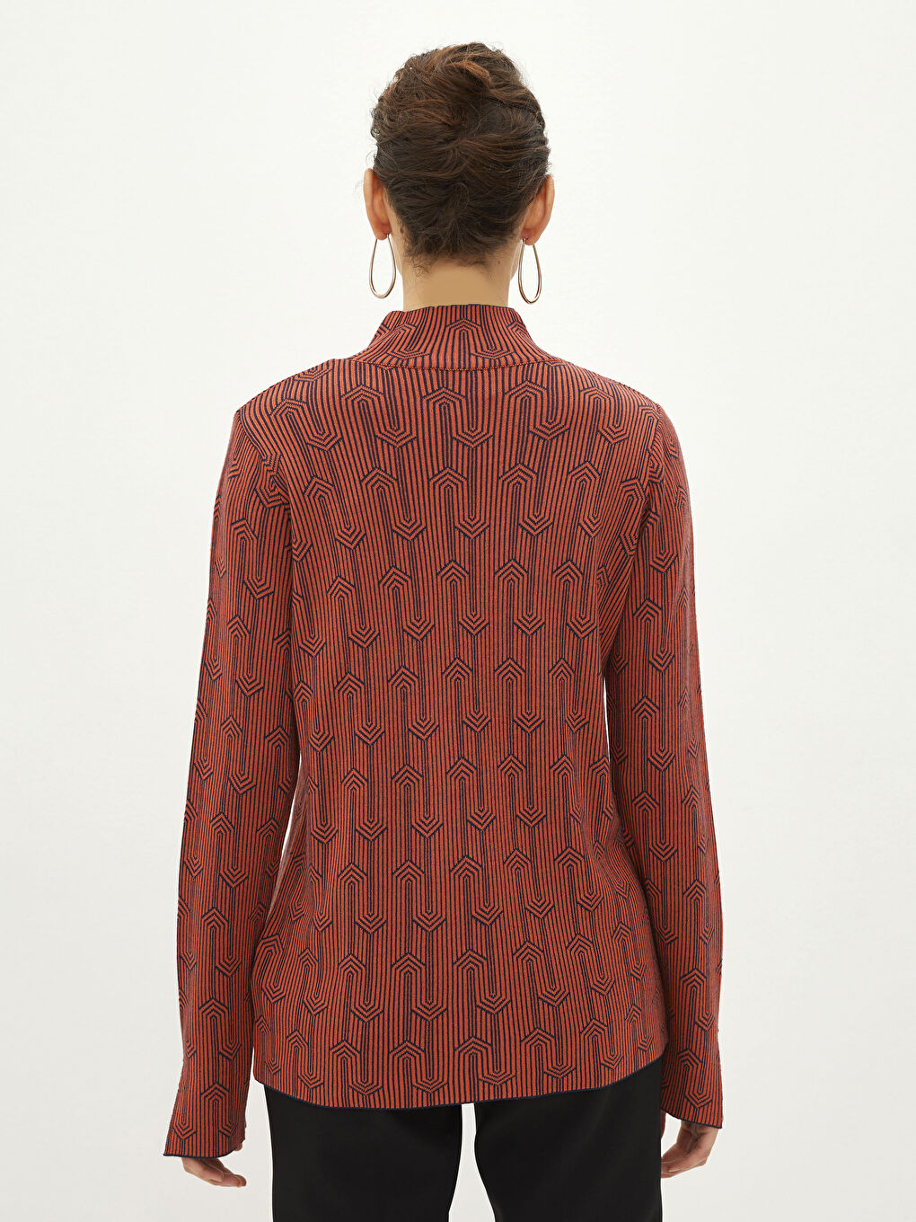 Turuncu Yarım Balıkçı Yaka Desenli Uzun Kollu Kadın Triko Kazak-4