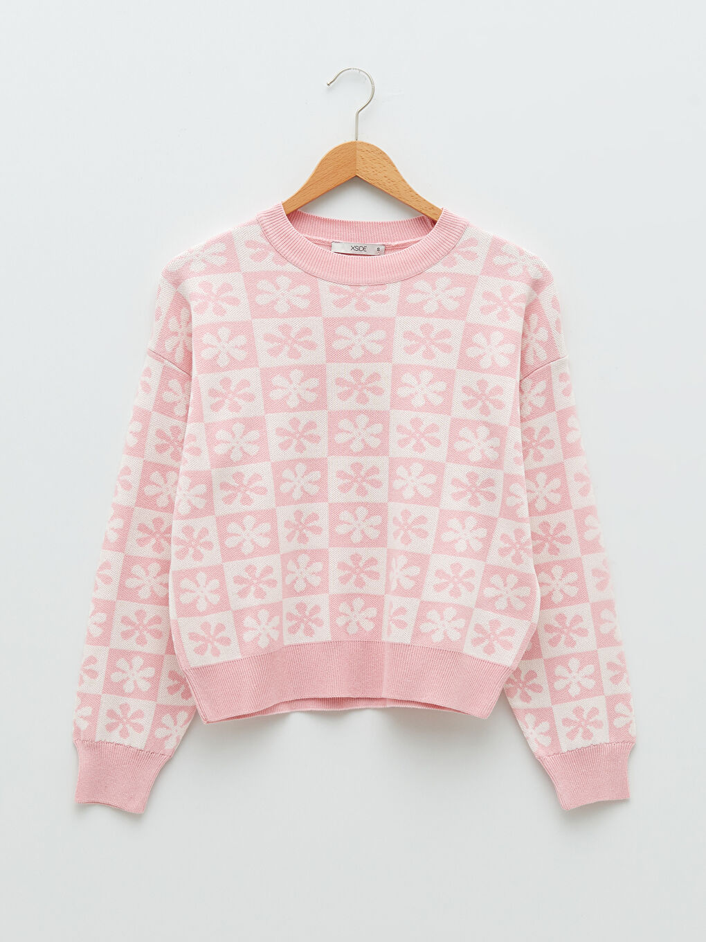 Pembe Bisiklet Yaka Desenli Uzun Kollu Kadın Triko Kazak