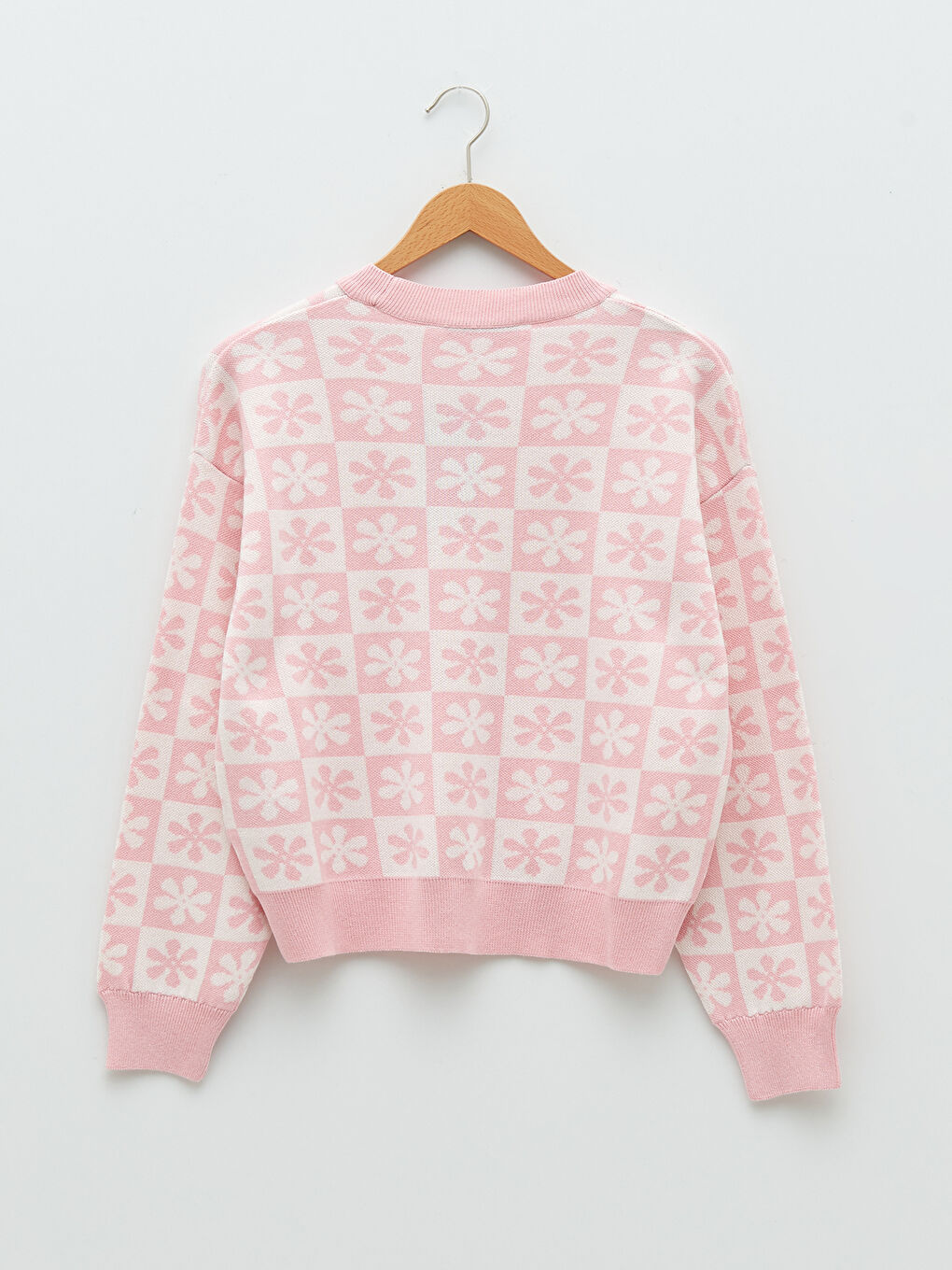 Pembe Bisiklet Yaka Desenli Uzun Kollu Kadın Triko Kazak-1