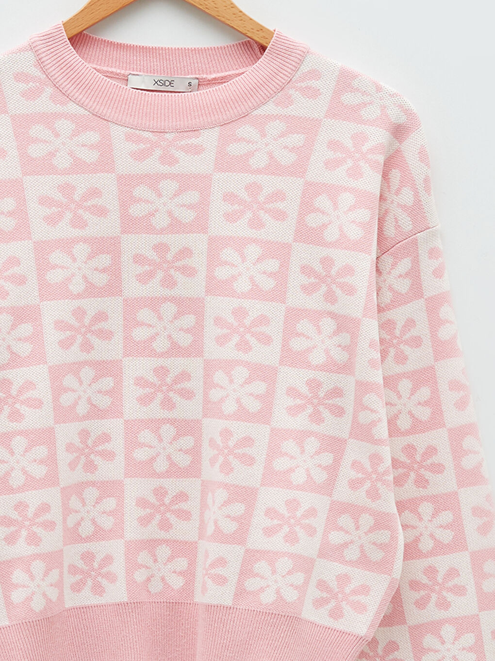 Pembe Bisiklet Yaka Desenli Uzun Kollu Kadın Triko Kazak-2