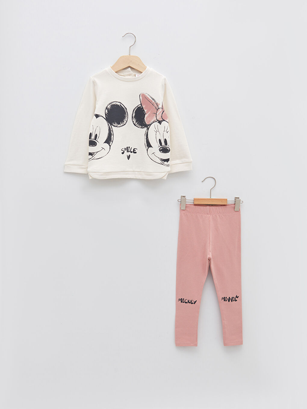 LCW baby Crew Neck Long Sleeve Minnie and Mickey Mouse Printed Cotton Sweatshirt and Leggings 2-Pack Set -W1LD67Z1-FDH