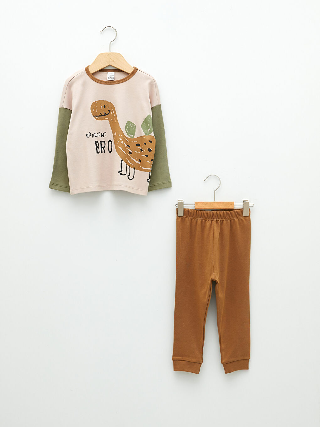 Bej Bisiklet Yaka Uzun Kollu Baskılı Pamuklu Erkek Bebek Pijama Takım