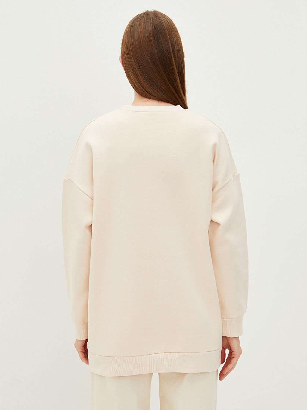 Bej Bisiklet Yaka Yazı Baskılı Oversize Kadın Kalın Sweatshirt Tunik-4