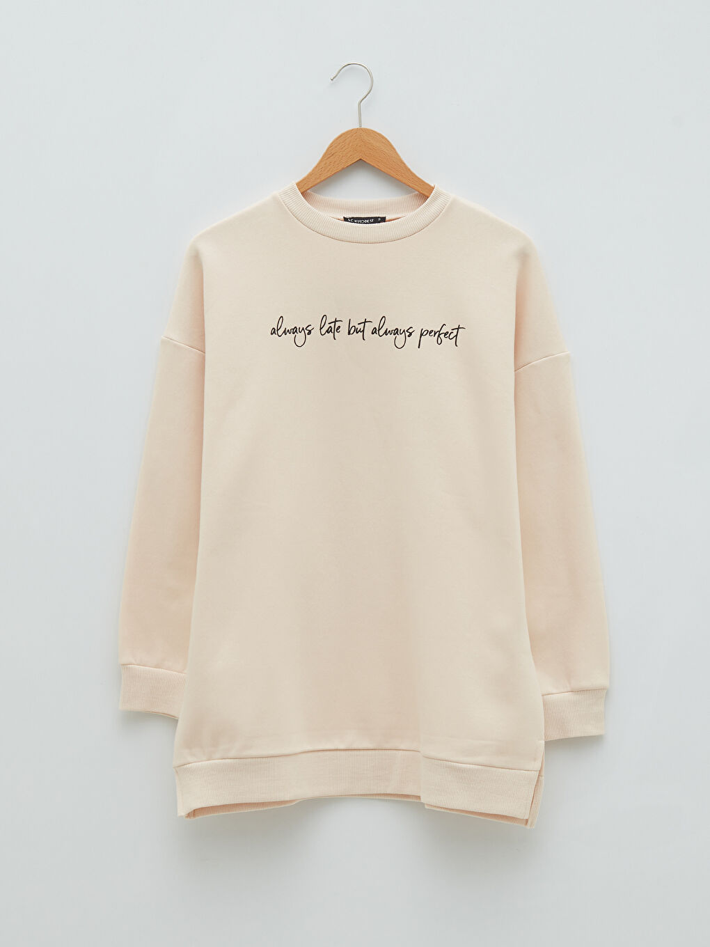 Bej Bisiklet Yaka Yazı Baskılı Oversize Kadın Kalın Sweatshirt Tunik-5