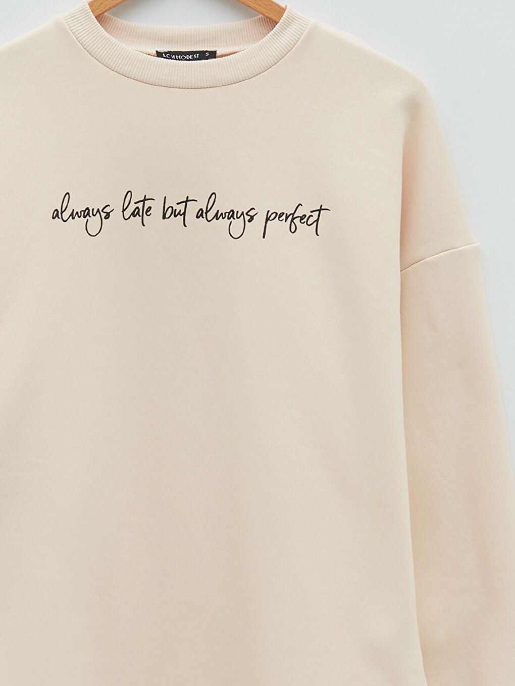 Bej Bisiklet Yaka Yazı Baskılı Oversize Kadın Kalın Sweatshirt Tunik-7