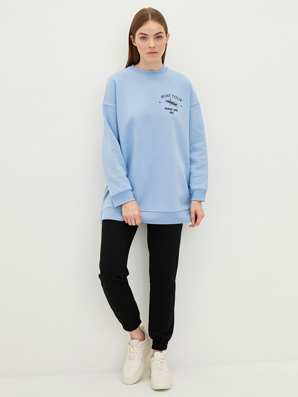 LCW Modest Crew Neck Text Printed Oversize Women's Thick