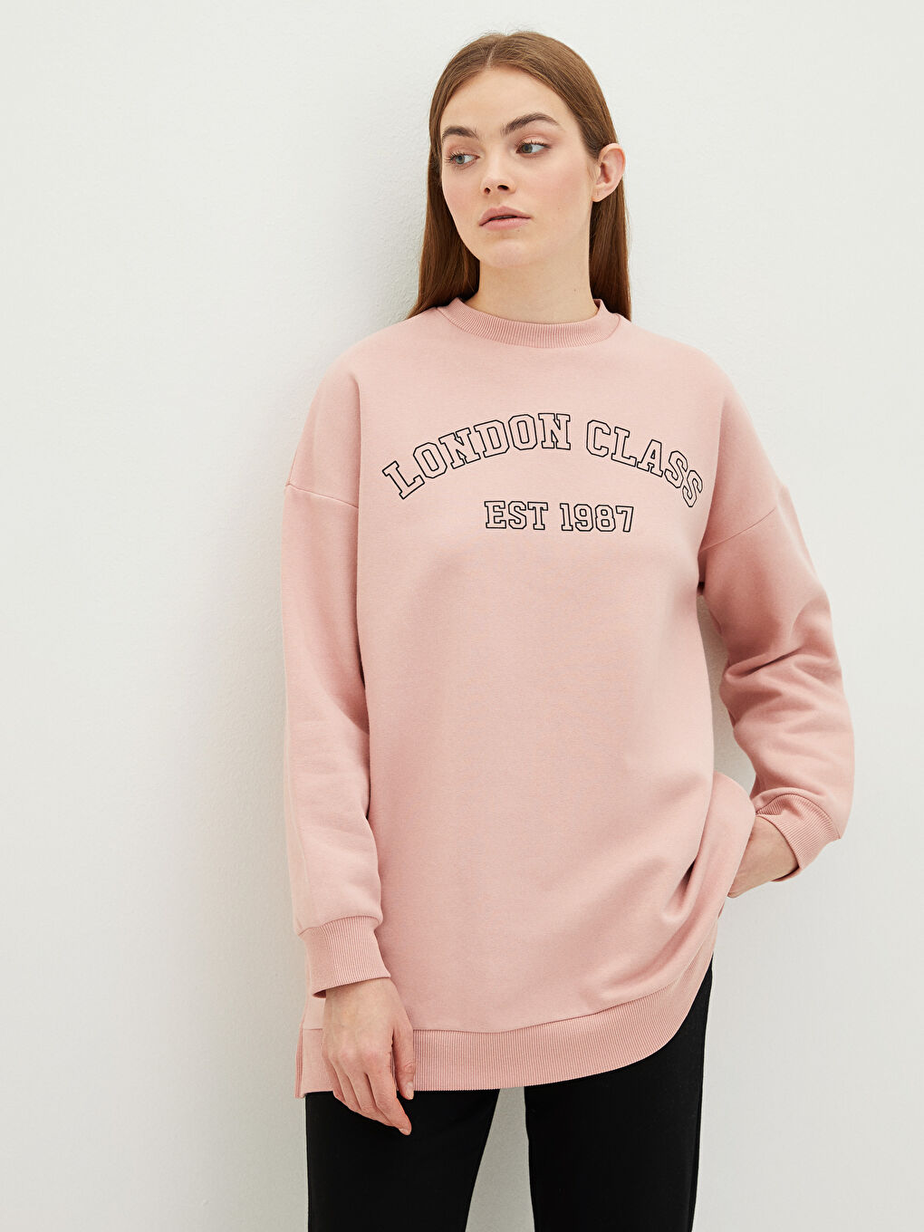 Pembe Bisiklet Yaka Yazı Baskılı Oversize Kadın Kalın Sweatshirt Tunik-1