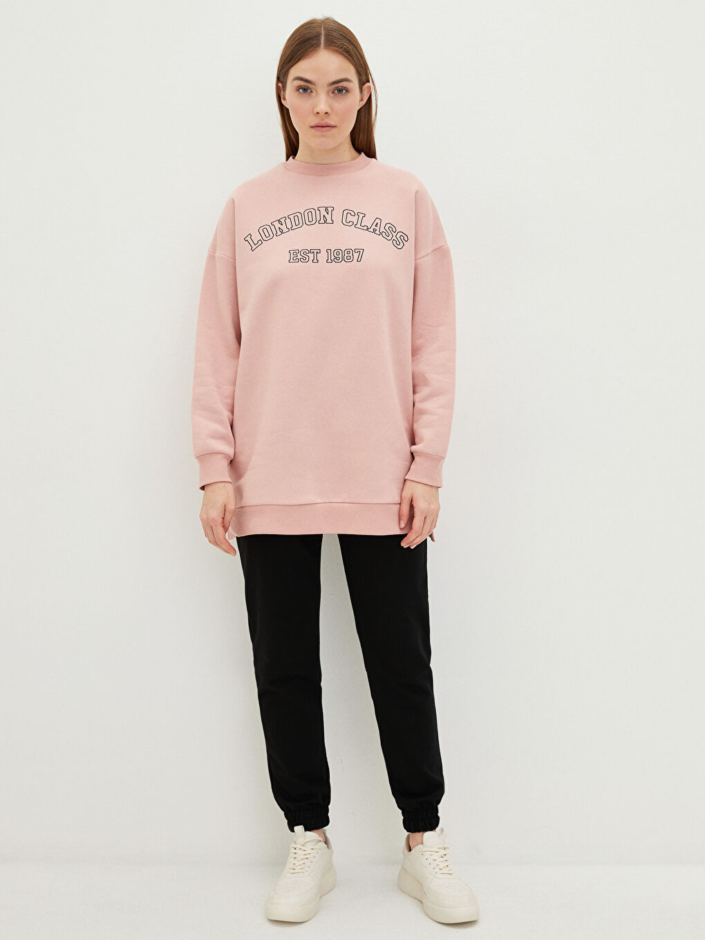 Pembe Bisiklet Yaka Yazı Baskılı Oversize Kadın Kalın Sweatshirt Tunik-2