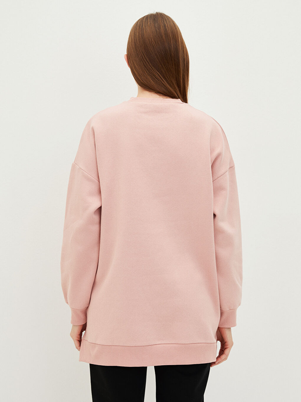 Pembe Bisiklet Yaka Yazı Baskılı Oversize Kadın Kalın Sweatshirt Tunik-4