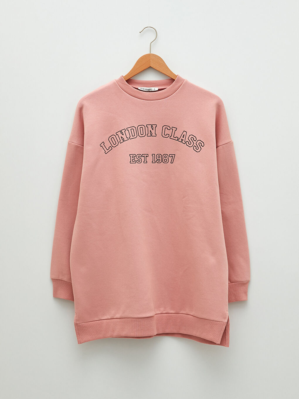 Pembe Bisiklet Yaka Yazı Baskılı Oversize Kadın Kalın Sweatshirt Tunik-5