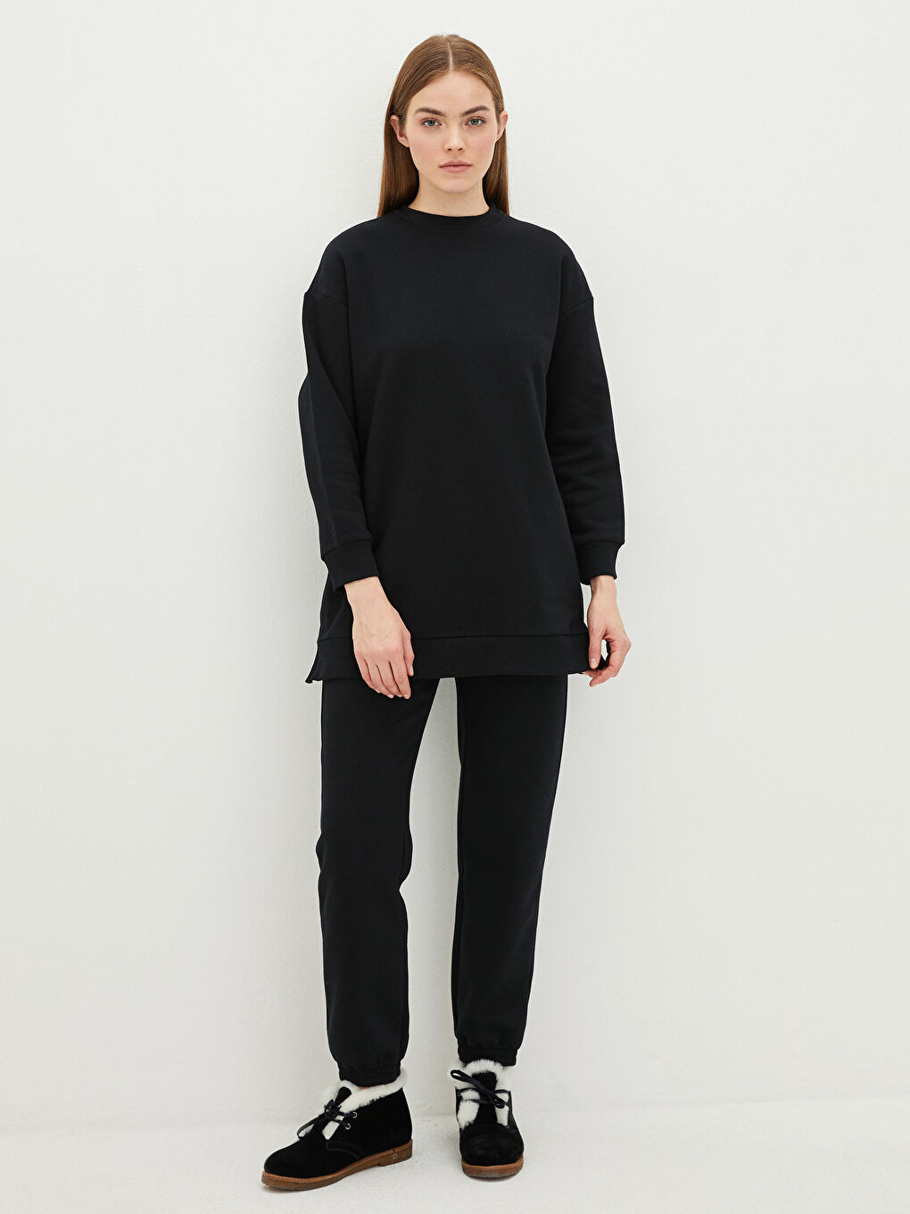 LCW Modest Rundhalsausschnitt Schlicht Oversize Damen Dickes Sweatshirt-Tunika -W1LE67Z8-CVL