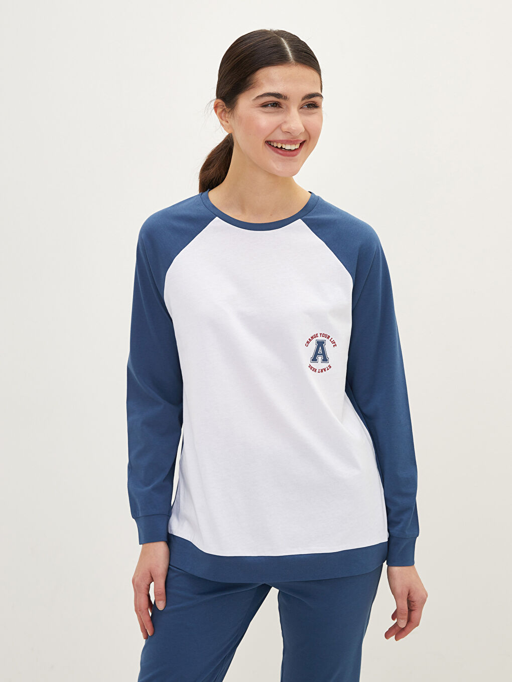 Crew Neck Color Block Long Sleeve Cotton Women's Pajamas Set-1