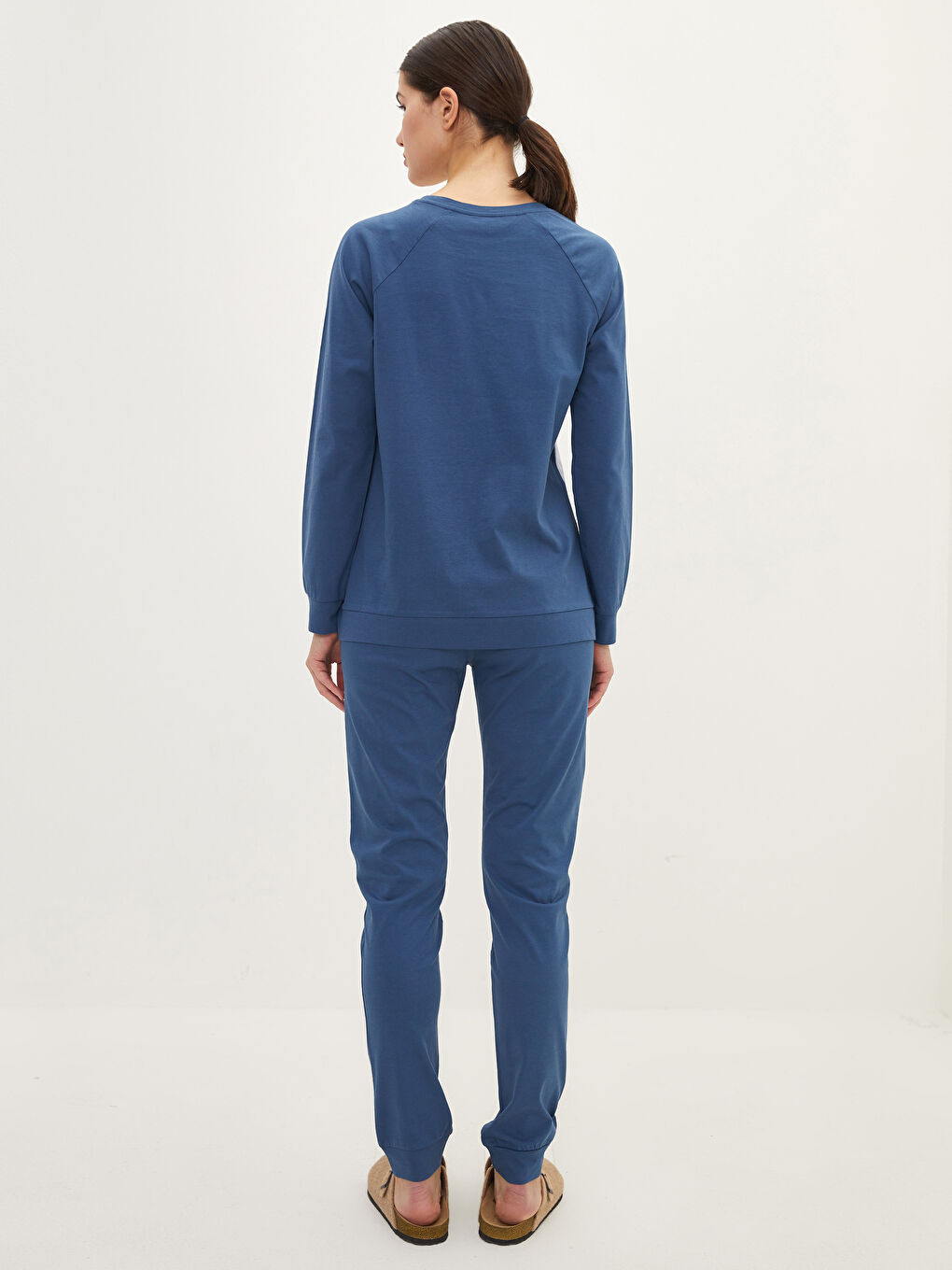 Crew Neck Color Block Long Sleeve Cotton Women's Pajamas Set-3