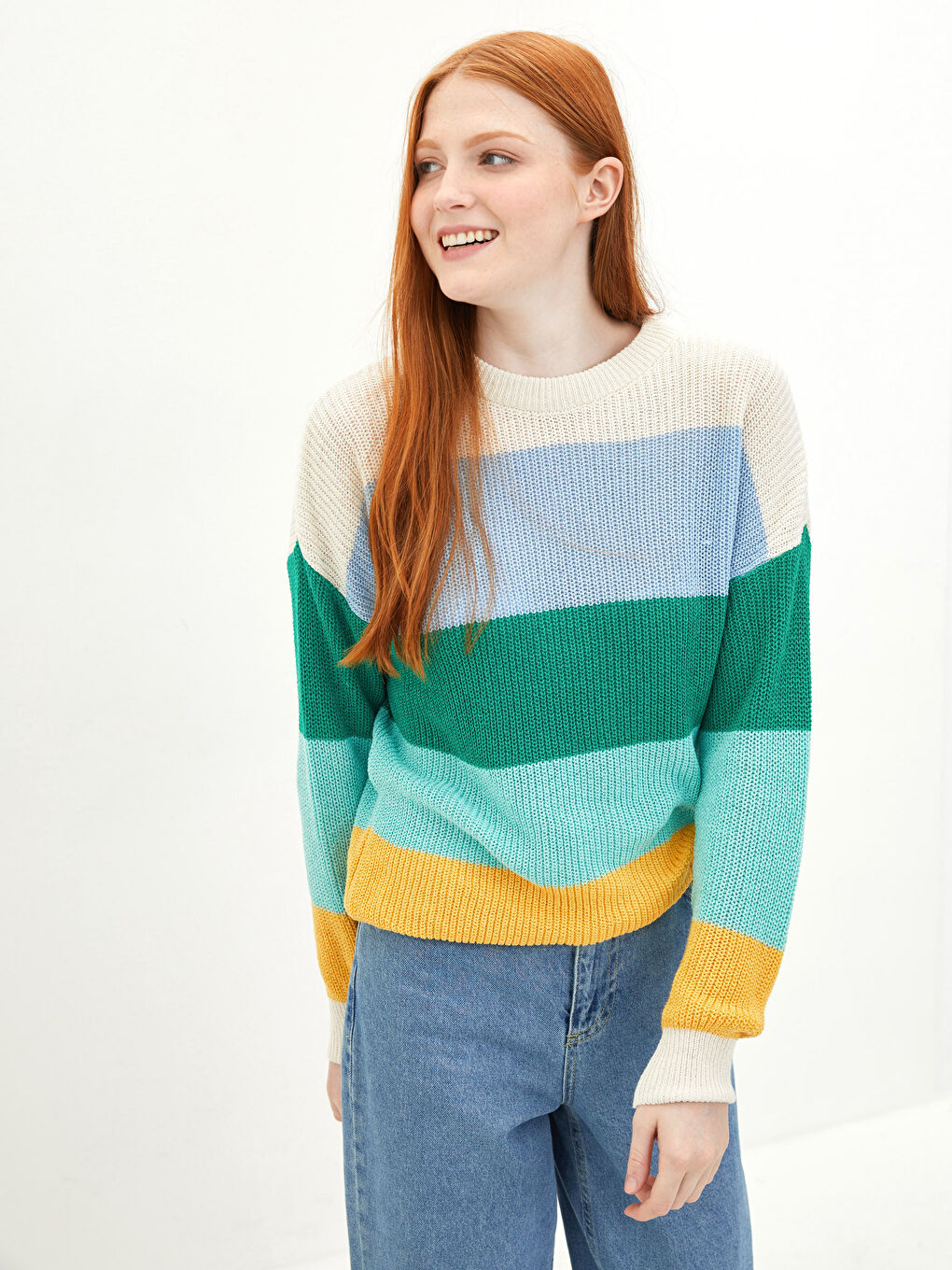 Pulover Tricotat Vărgat cu Mânecă Lungă și Guler Rotund pentru Femei-1