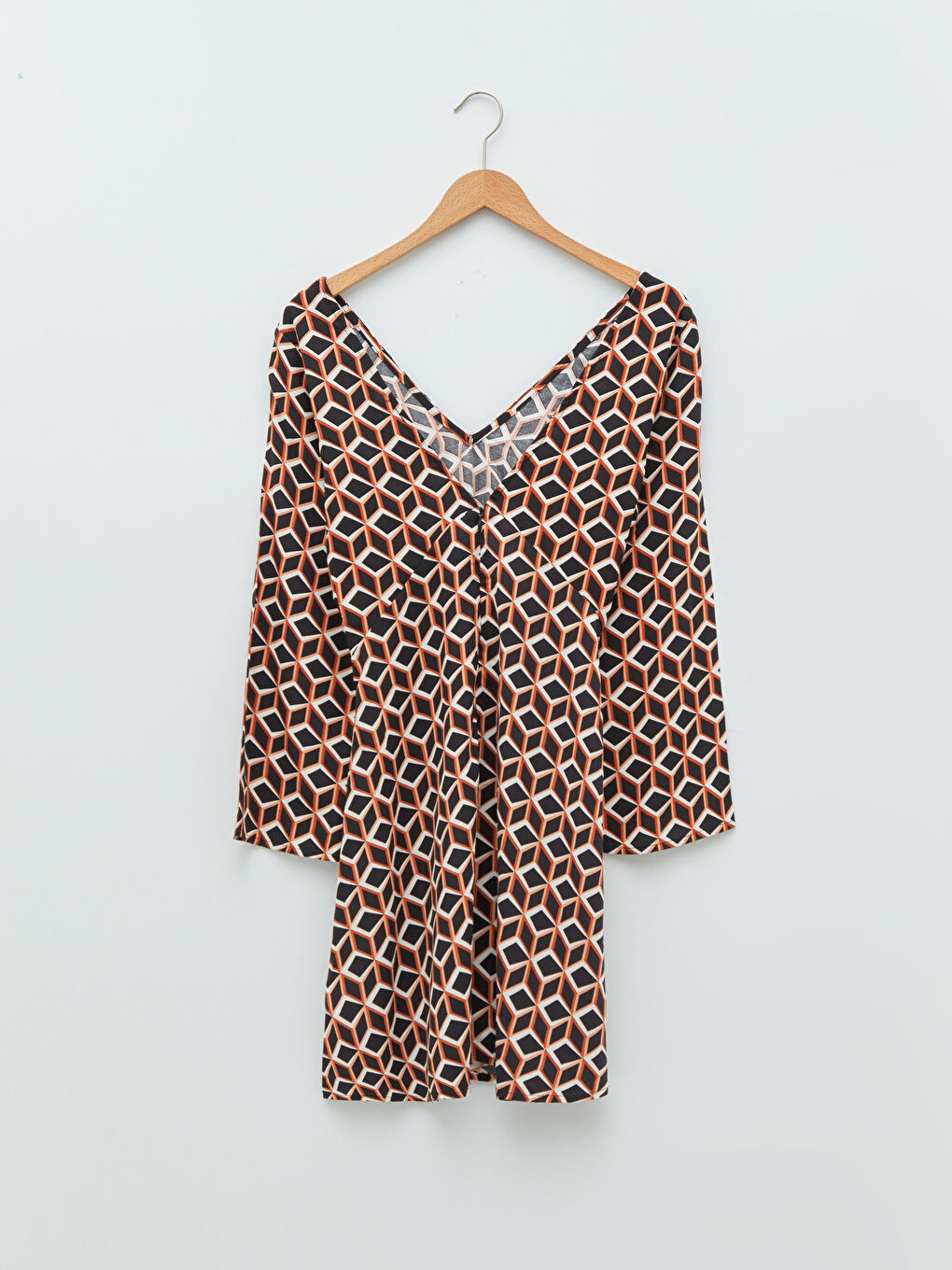 Siyah V Yaka Desenli Uzun Kollu Viskon Kadın Elbise-6