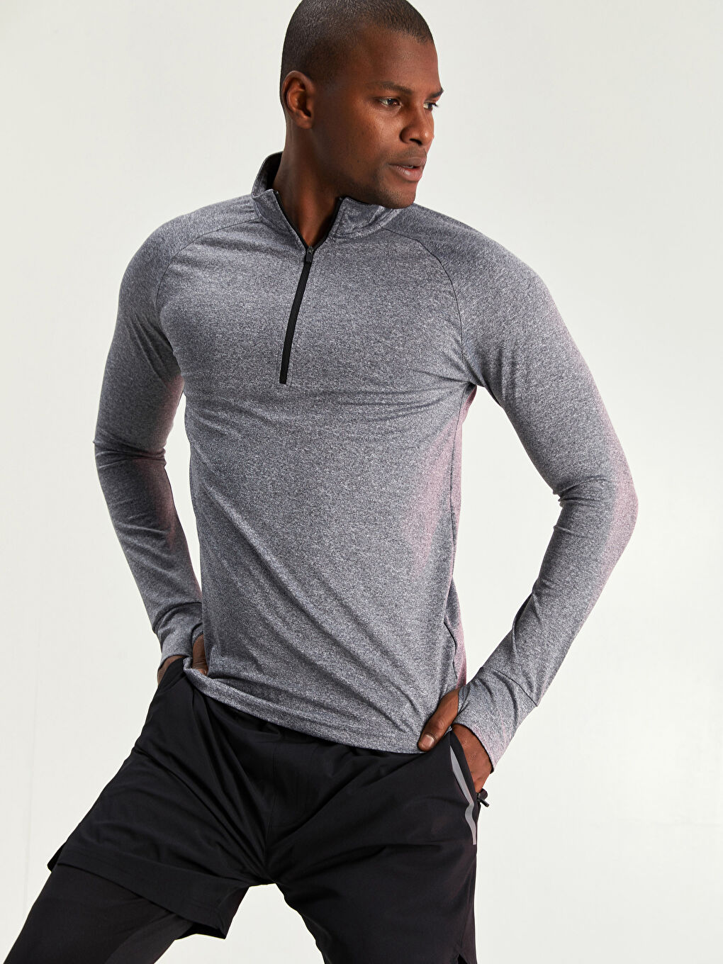 Gri Dik Yaka Uzun Kollu Erkek Spor Tişört