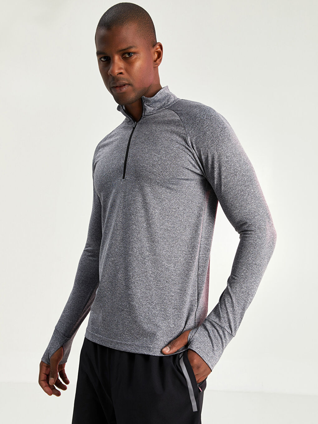 Gri Dik Yaka Uzun Kollu Erkek Spor Tişört-1