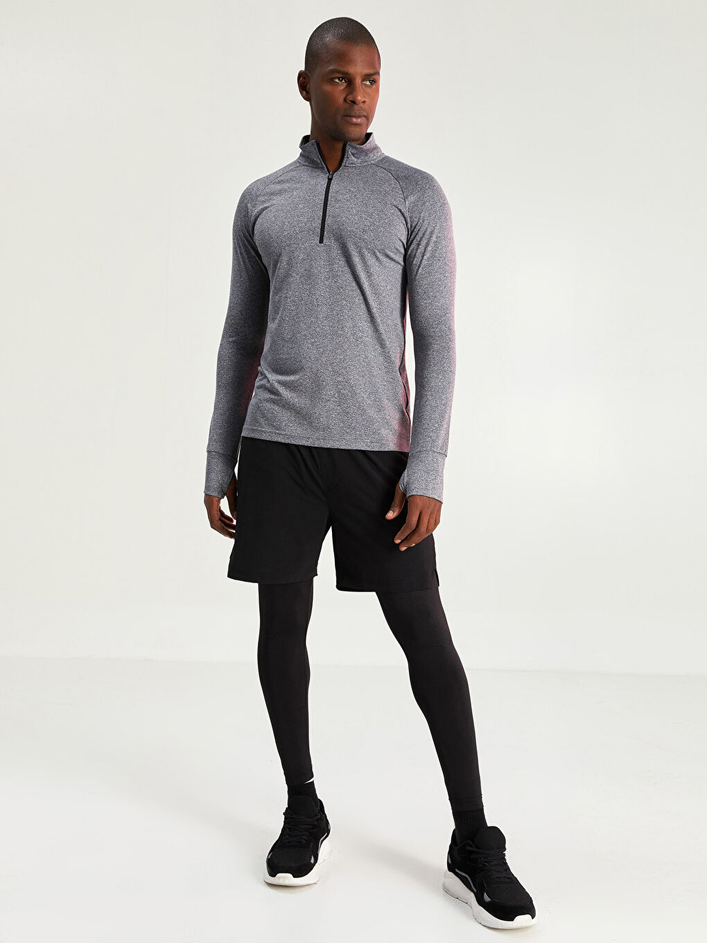 Gri Dik Yaka Uzun Kollu Erkek Spor Tişört-2