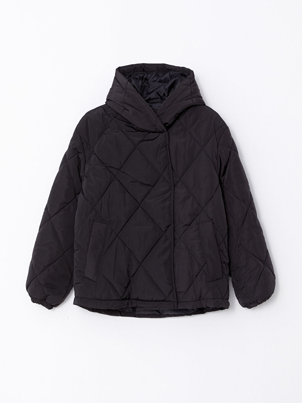 Siyah Kapüşonlu Kapitone Desenli Uzun Kollu Kadın Şişme Mont-6