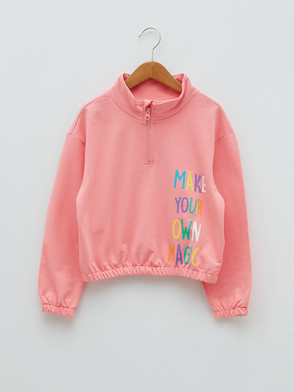 Pembe Dik Yaka Baskılı Uzun Kollu Kız Çocuk Sweatshirt