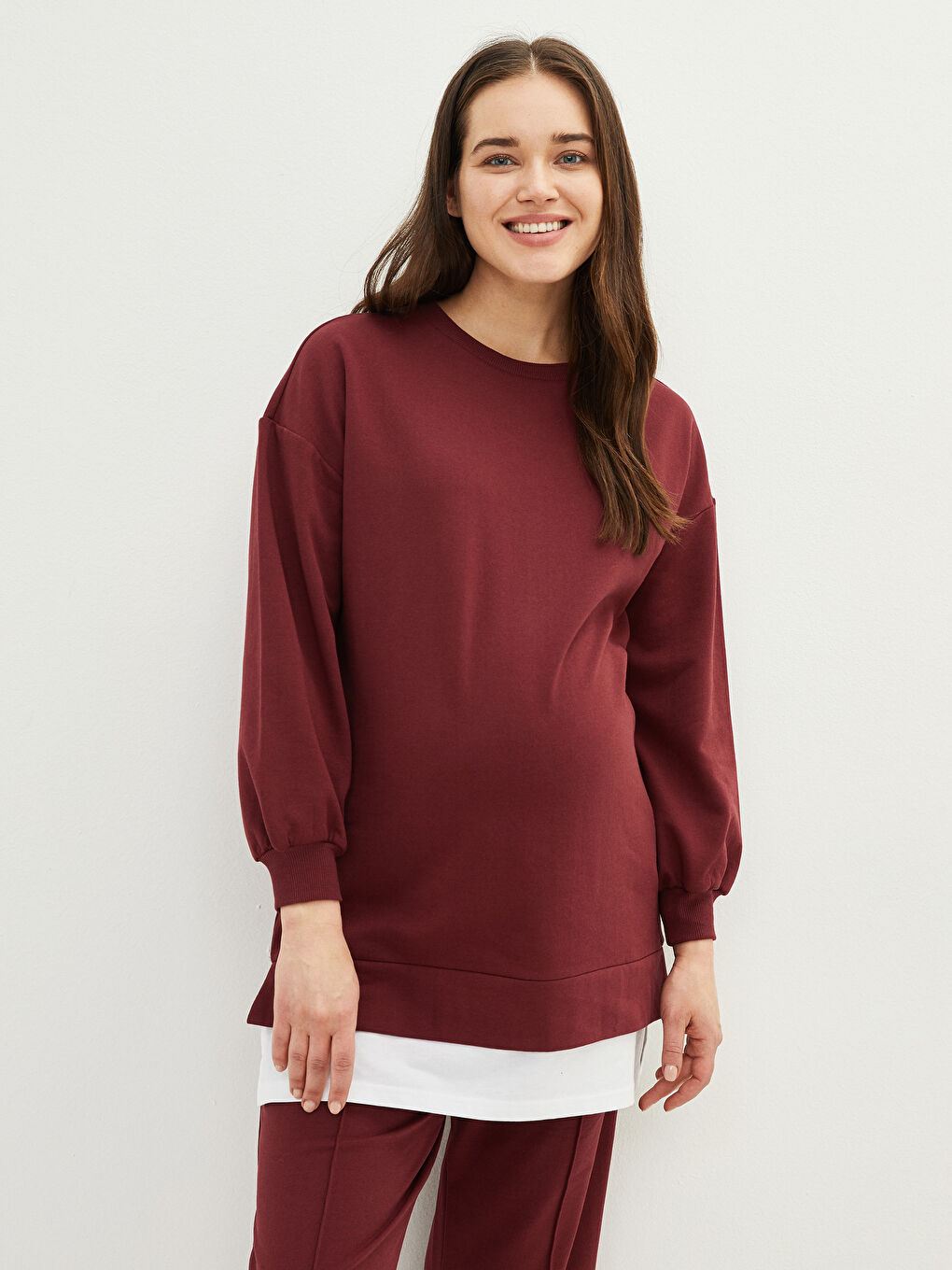 LCWAIKIKI Maternity Bordo Bisiklet Yaka Düz Hamile Sweatshirt Tunik