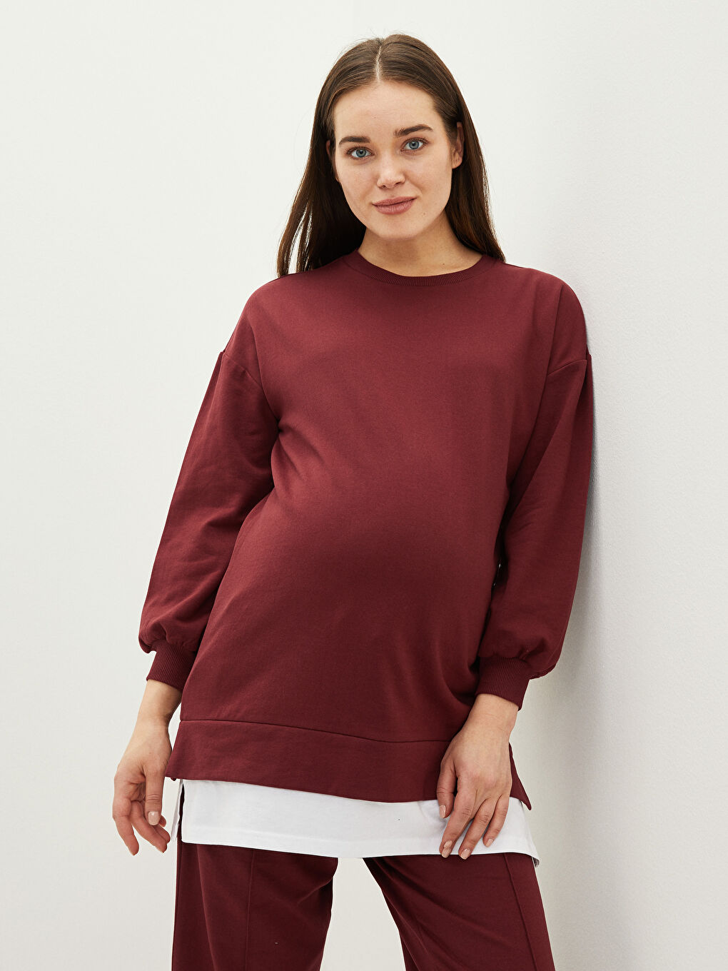 LCWAIKIKI Maternity Bordo Bisiklet Yaka Düz Hamile Sweatshirt Tunik - 1