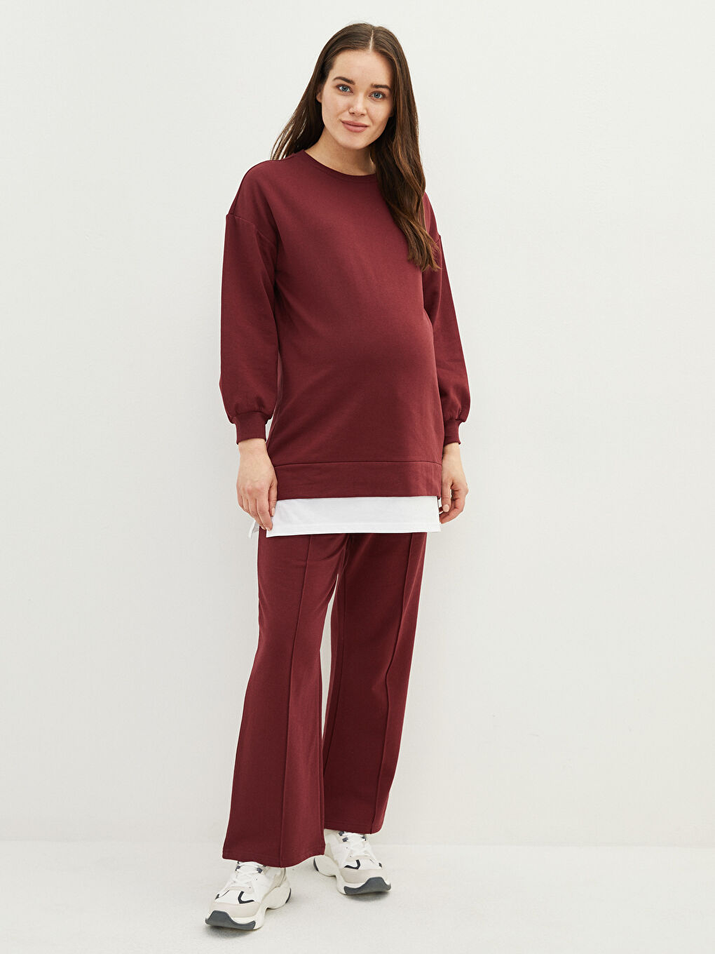 LCWAIKIKI Maternity Bordo Bisiklet Yaka Düz Hamile Sweatshirt Tunik - 2