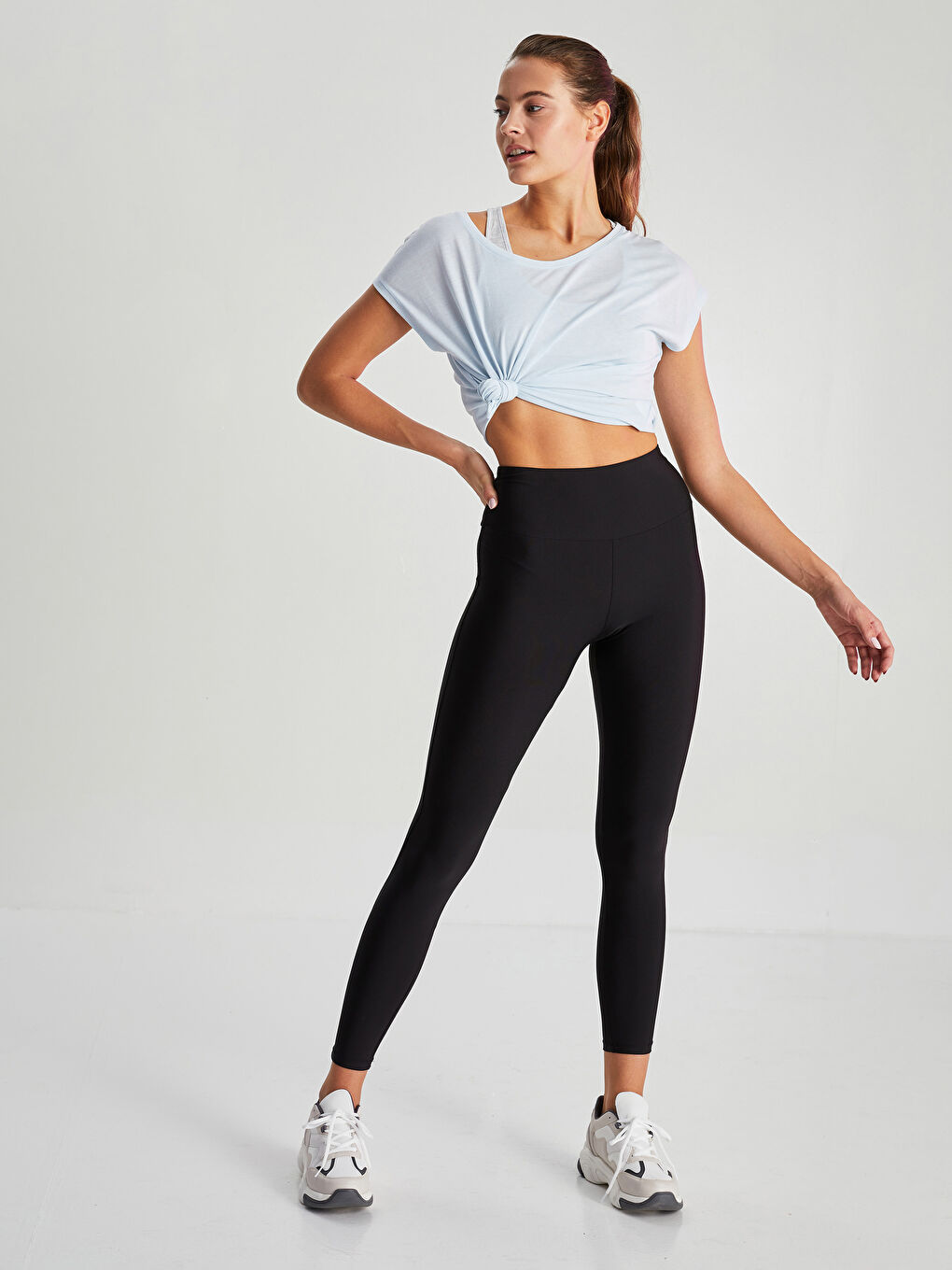 Siyah Kadın Beli Lastikli Düz Tayt-1