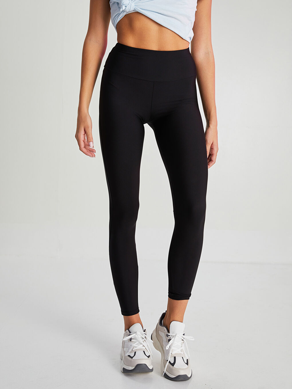 Siyah Kadın Beli Lastikli Düz Tayt-5