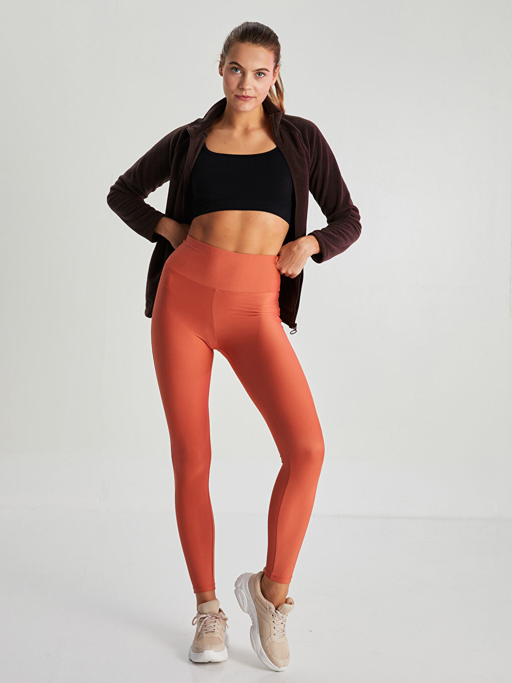 Kahverengi Kadın Beli Lastikli Düz Tayt-1